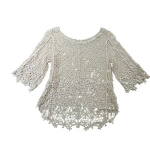 Breeze Ever Crochet Lace Top Womens Small Cream Good Floral 3/4 Sleeve Boho
